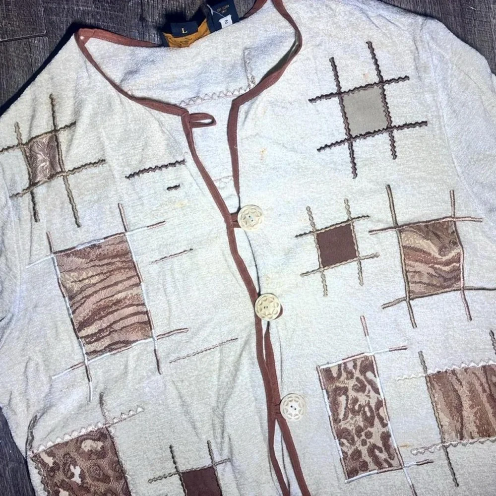 Women’s Cream Patchwork Button-Front Cardigan with Brown Trim